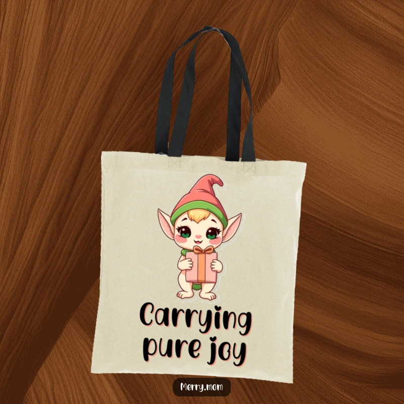 Funny Elf Animal Tote Bag showing a happy elf animal with a wrapped gift, ideal for shopping and errands.