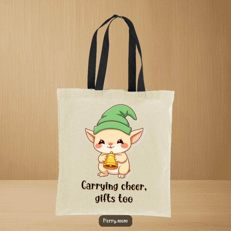 Funny tote bag featuring a delightful elf creature with a festive bell, ready for holiday errands and cheer.