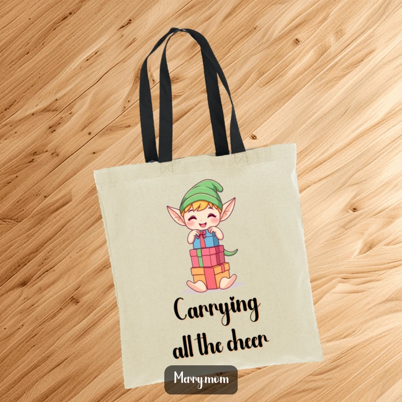 Funny Kawaii elf character joyfully stacking colorful gift boxes on a tote bag, a humorous and practical gift.