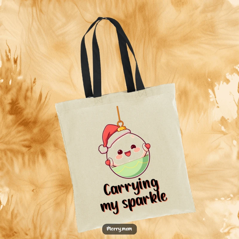 Funny tote bag with a cute Kawaii Christmas ornament character happily spinning, perfect for holiday shopping.