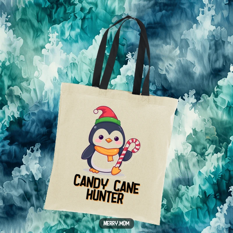 Funny Kawaii Penguin Tote Bag, adorned with an elf hat and a candy cane, perfect for carrying holiday goodies.
