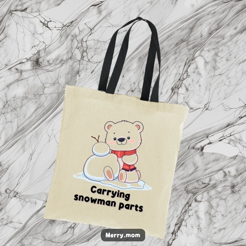 Funny Kawaii Polar Bear Cub Tote Bag, depicting joyful snowman building, ideal for carrying winter necessities.