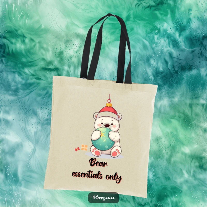 Funny kawaii polar bear giving a big hug to a large, sparkling Christmas ornament, featured on a practical tote bag.