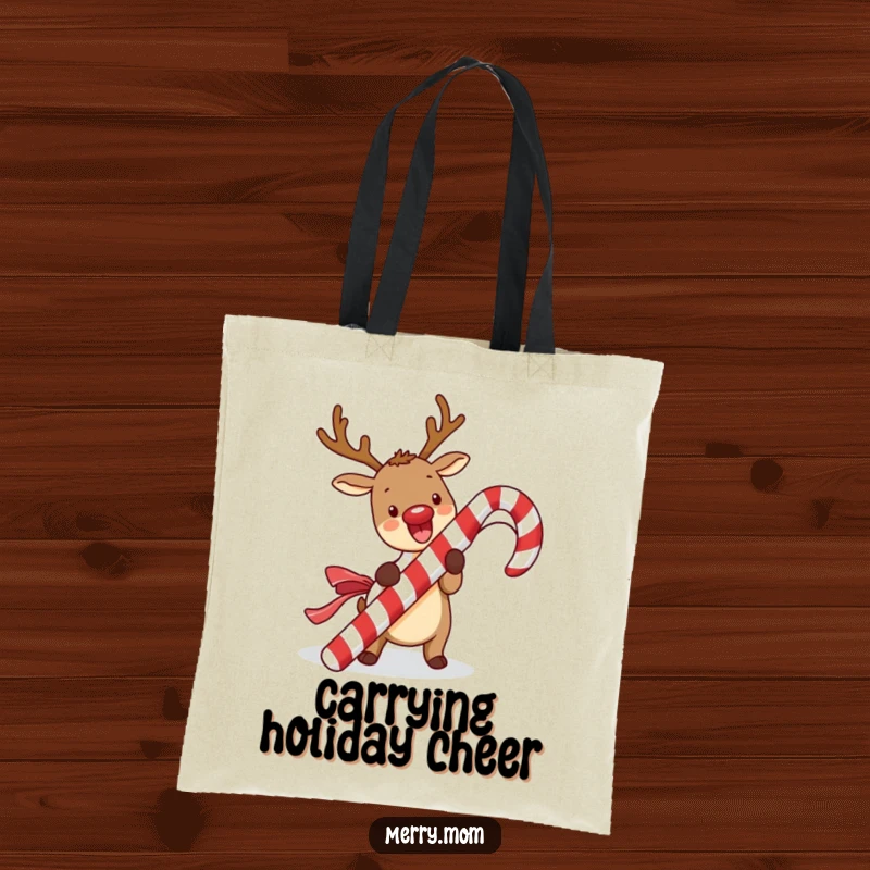 Funny kawaii reindeer tote bag with a cute reindeer excitedly unwrapping a giant candy cane, perfect for festive carrying.