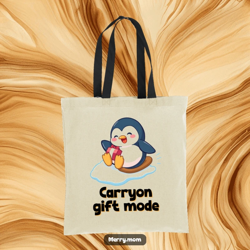 Funny playful penguin sliding down an icy slope with a gift on a tote bag, a humorous and practical accessory.