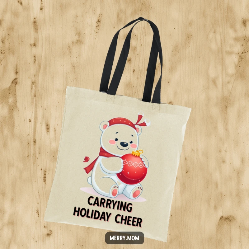 Funny tote bag showing a jolly polar bear hugging a big red ornament, perfect for carrying holiday treasures.