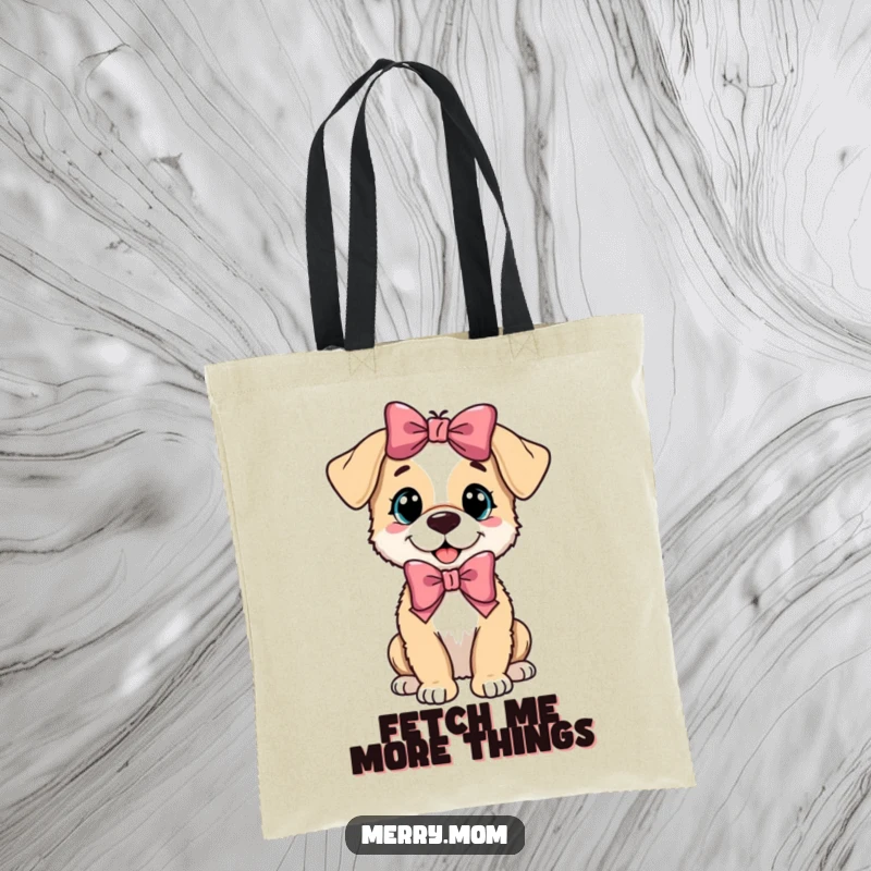 Funny playful puppy wearing a festive bow, on a durable tote bag, ideal for shopping and pet essentials.