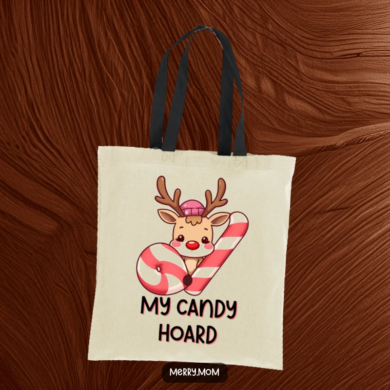 Cute smiling reindeer peeking from behind a giant candy cane on a tote bag, creating a charming and practical holiday accessory.