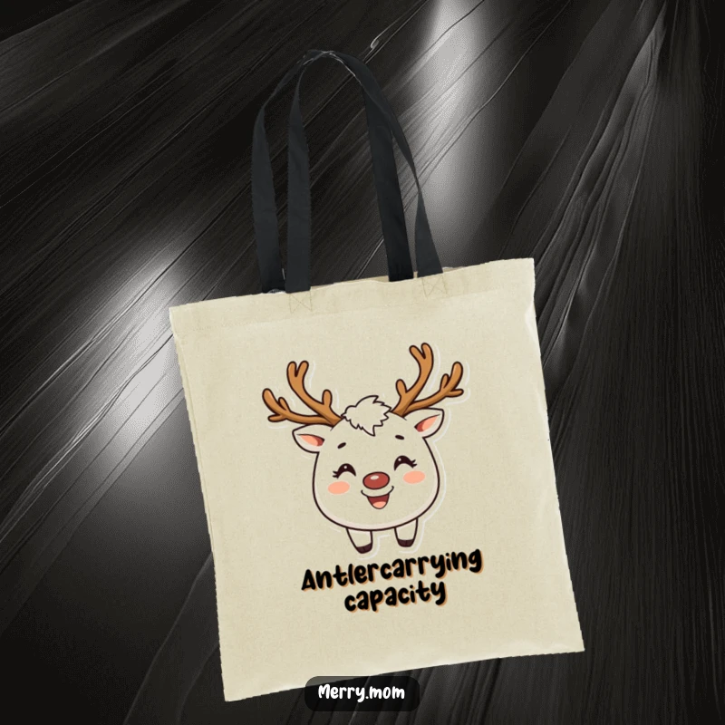 Funny tote bag showcasing a creature with reindeer antlers and a broad smile, a unique holiday accessory.