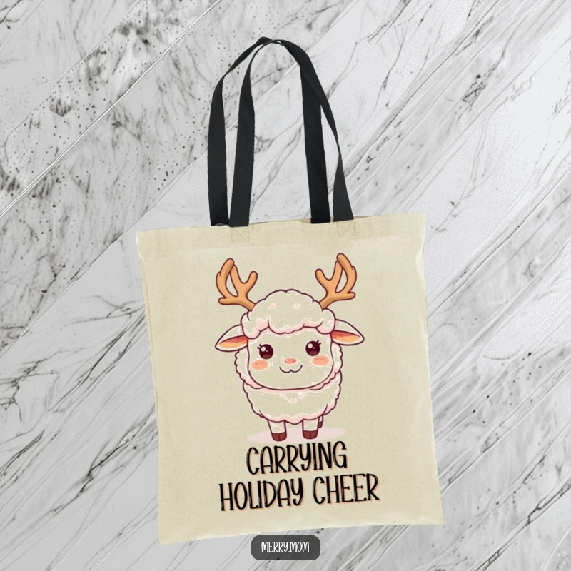 Funny sheep wearing reindeer antlers and a smile, showcased on a durable tote bag, ideal for shopping and gifts.