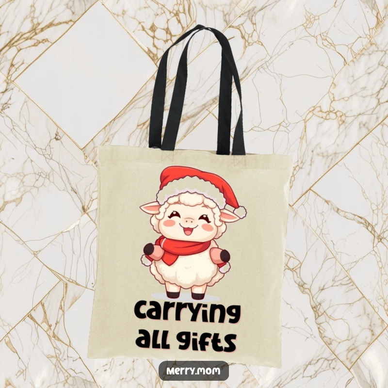 Funny tote bag featuring a fluffy sheep happily dressed as Mrs. Claus, perfect for holiday errands.