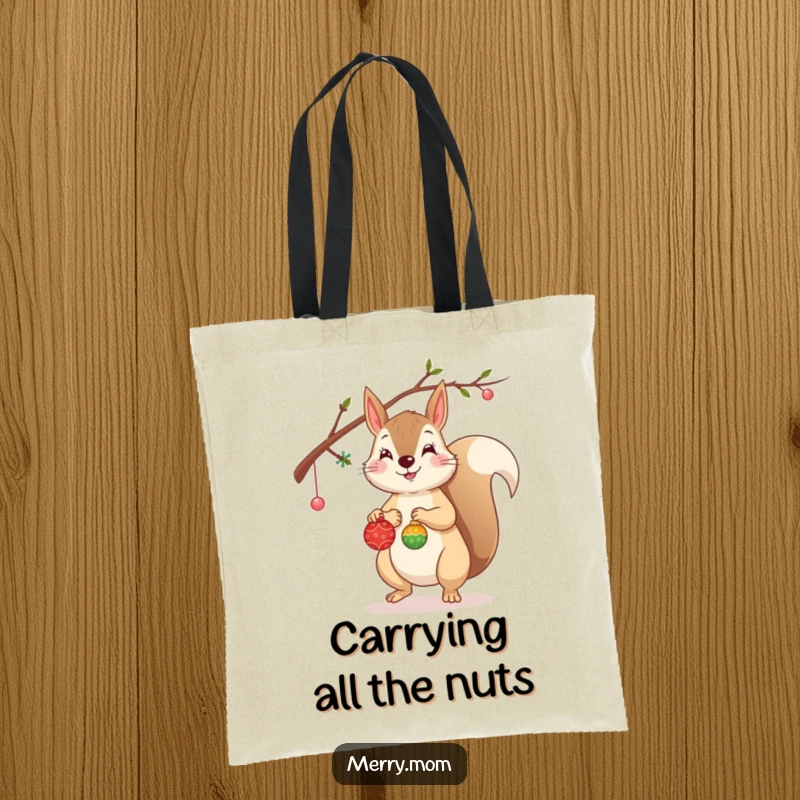 Funny Squirrel Tote Bag showing a cheerful squirrel decorating a branch with tiny ornaments, ideal for shopping.