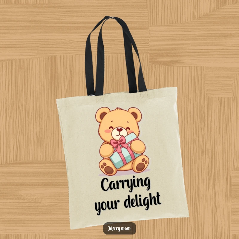 Funny tote bag featuring a kawaii teddy bear hugging a wrapped present, a delightful and cuddly companion.
