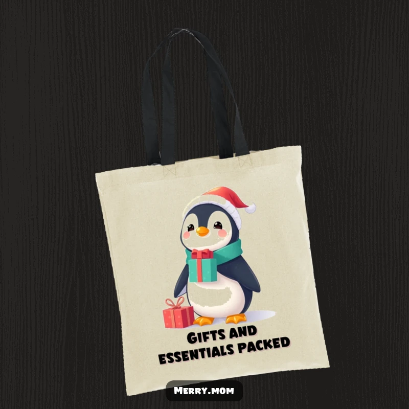 Funny Christmas tote bag with a cheerful penguin in a tiny Santa suit, balancing gifts on its nose, ideal for holiday shopping.