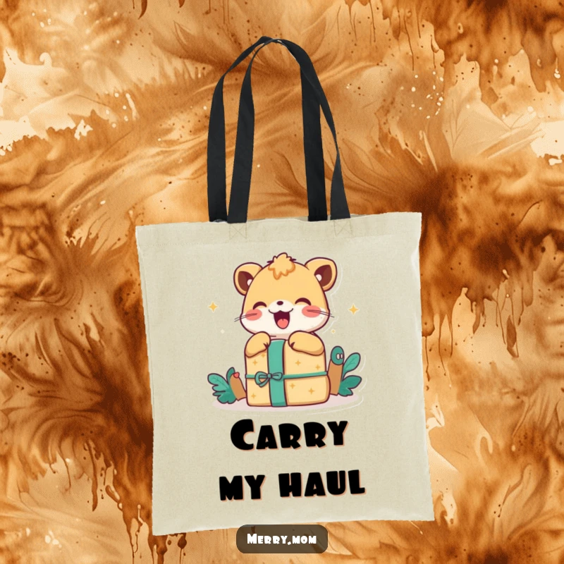 Happy Animal Gift Tote Bag, showing a delighted animal eagerly unwrapping a gift, perfect for shopping and celebrations.