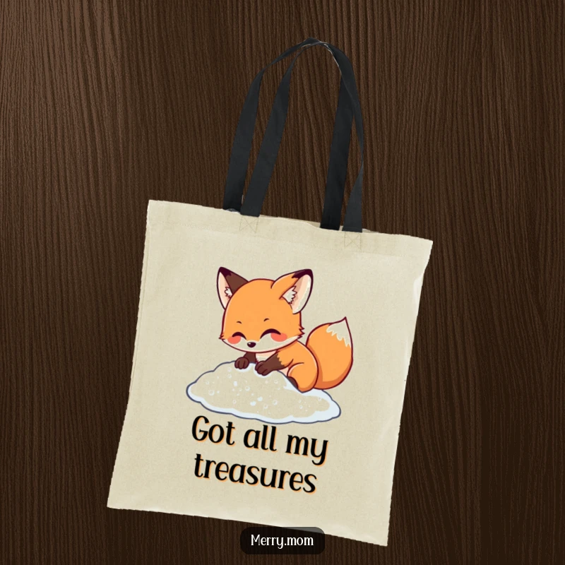 Kawaii fox character excitedly digging in a pile of sparkling snow, a charming and humorous tote bag for winter lovers.