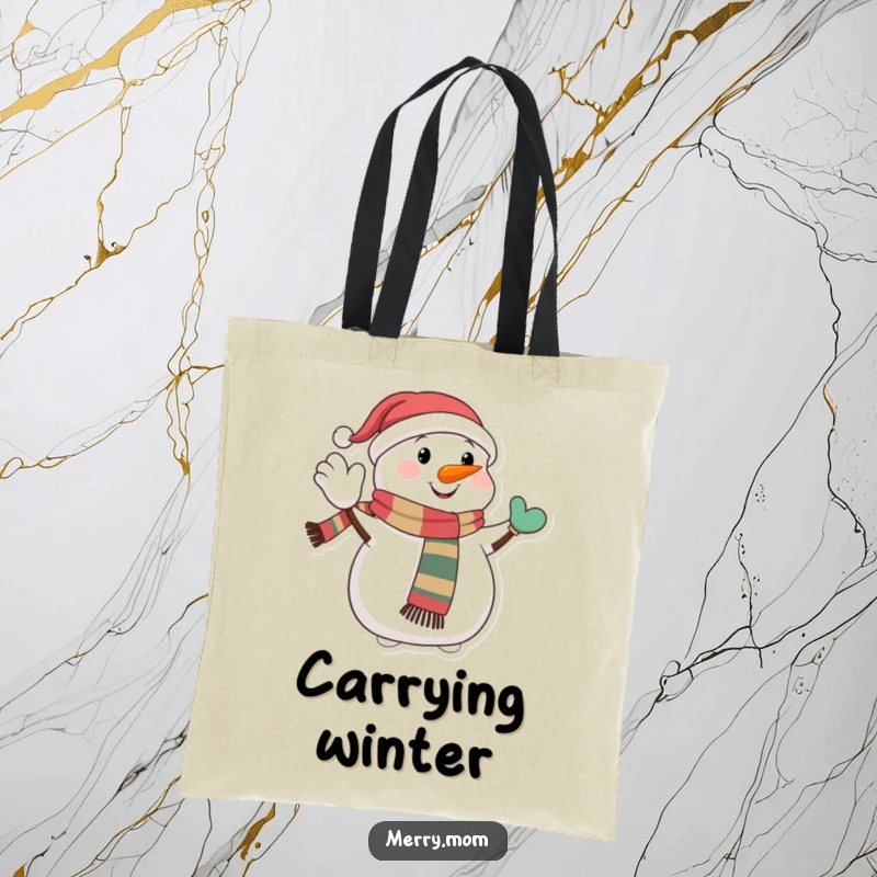 Funny tote bag showcasing a happy snowman with a festive scarf, giving a jolly wave, ready to carry winter cheer and essentials.